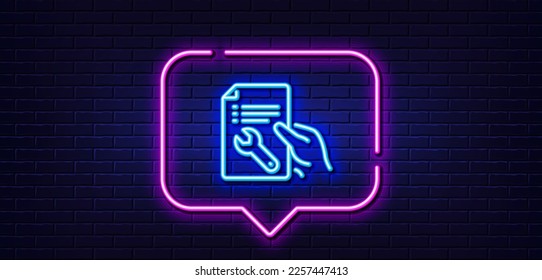 Neon light speech bubble. Spanner tool line icon. Repair service document sign. Fix instruments symbol. Neon light background. Repair document glow line. Brick wall banner. Vector