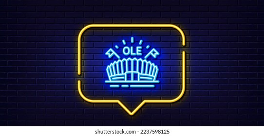 Neon light speech bubble. Sports arena line icon. Stadium with flags sign. Sport complex symbol. Neon light background. Sports arena glow line. Brick wall banner. Vector