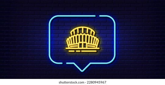 Neon light speech bubble. Sports stadium line icon. Arena sign. Sport complex symbol. Neon light background. Sports stadium glow line. Brick wall banner. Vector