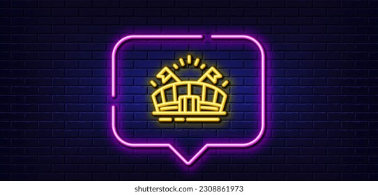 Neon light speech bubble. Sports arena line icon. Stadium with flags sign. Sport complex symbol. Neon light background. Sports arena glow line. Brick wall banner. Vector