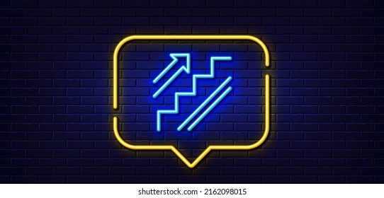 Neon Light-Sprechblase. Steilsymbol. Treppenschild. Eintritt- oder Ausstiegssymbol. Neoner heller Hintergrund. Treppen leuchten. Brick-Wand-Banner. Vektorgrafik