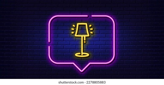 Burbuja de habla de luz neón. Icono de la línea de la lámpara de pie. Señal de la luz del suelo. Símbolo de iluminación interior. Fondo neón de luz. Línea de brillo de la lámpara de pie. Banner de pared de ladrillo. Vector