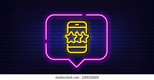 Neon light speech bubble. Star line icon. Feedback rating phone sign. Customer satisfaction symbol. Neon light background. Star glow line. Brick wall banner. Vector