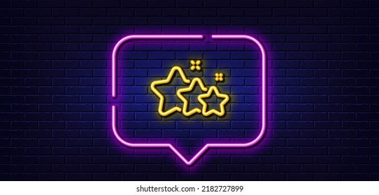 Neon light speech bubble. Stars line icon. Best ranking sign. Rating symbol. Neon light background. Stars glow line. Brick wall banner. Vector