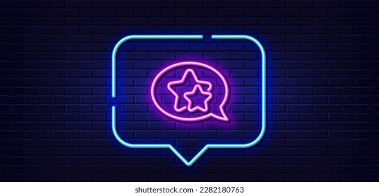 Burbuja de habla de luz neón. Icono de línea de estrellas. Signo favorito. Símbolo de retroalimentación positiva. Fondo neón de luz. Línea de brillo de estrella. Banner de pared de ladrillo. Vector