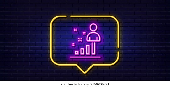 Neon light speech bubble. Stats line icon. Business management sign. Best employee symbol. Neon light background. Stats glow line. Brick wall banner. Vector