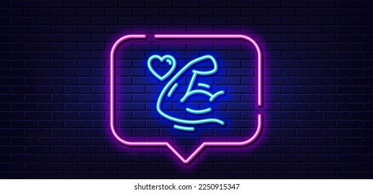 Neon light speech bubble. Strong arm line icon. Strength muscle sign. Gym fit training symbol. Neon light background. Strong arm glow line. Brick wall banner. Vector