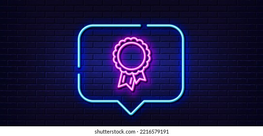 Neon light speech bubble. Success line icon. Winner medal sign. Award reward symbol. Glory or Honor. Neon light background. Success glow line. Brick wall banner. Vector