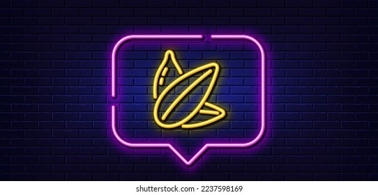 Burbuja de habla de luz neón. Icono de línea de semilla de girasol. Señal de sabrosas semillas. Símbolo de comida vegana. Fondo neón de luz. Línea de brillo de semilla de girasol. Banner de pared de ladrillo. Vector
