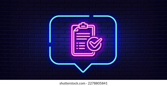 Neon light speech bubble. Survey checklist line icon. Report sign. Business review symbol. Neon light background. Survey checklist glow line. Brick wall banner. Vector