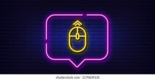 Neon light speech bubble. Swipe up mouse line icon. Scrolling arrow sign. Landing page scroll symbol. Neon light background. Swipe up glow line. Brick wall banner. Vector