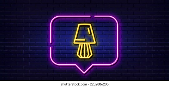 Neon light speech bubble. Table lamp line icon. Bedside light sign. Interior illuminate symbol. Neon light background. Table lamp glow line. Brick wall banner. Vector