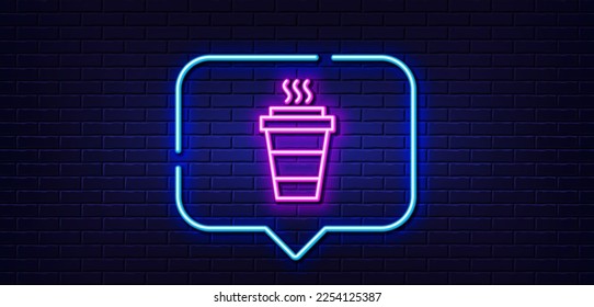 Burbuja de habla de luz neón. Icono de la línea de la taza de café que se lleva. Signo de bebida caliente. Símbolo de extracción. Fondo neón de luz. Línea de resplandor para quitarse. Banner de pared de ladrillo. Vector