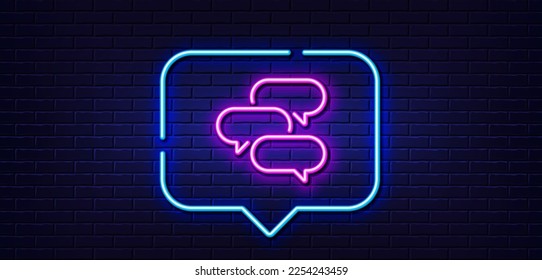 Neon light speech bubble. Talk bubble line icon. Speech bubble sign. Chat message symbol. Neon light background. Talk bubble glow line. Brick wall banner. Vector