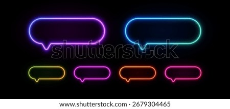 Neon light speech bubble. Talk sign for text message. Glowing led chat icon. Vector laser dialog set.