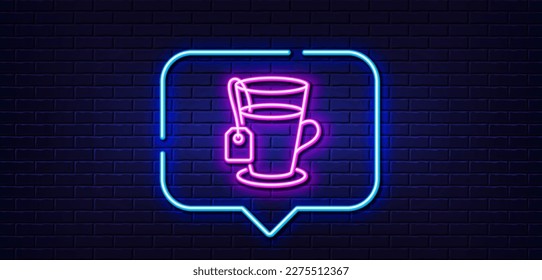 Neon light speech bubble. Tea with bag line icon. Hot drink sign. Fresh beverage symbol. Neon light background. Tea glow line. Brick wall banner. Vector