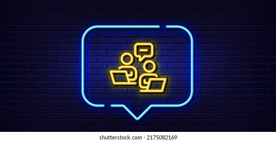 Neon Light Speech Bubble. Teamwork Line Icon. Remote Office Sign. Team Employees Symbol. Neon Light Background. Teamwork Glow Line. Brick Wall Banner. Vector