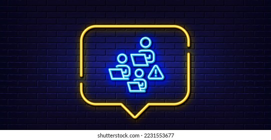 Neon light speech bubble. Teamwork line icon. Remote office sign. Team employees symbol. Neon light background. Teamwork glow line. Brick wall banner. Vector