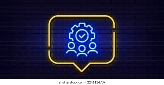 Neon light speech bubble. Teamwork line icon. Business workflow sign. Job meeting symbol. Neon light background. Teamwork glow line. Brick wall banner. Vector