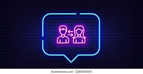 Neon light speech bubble. Teamwork line icon. Users communication. Male and Female profiles sign. Person silhouette symbol. Neon light background. People communication glow line. Vector