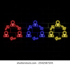 Neonlicht-Sprechblase. Symbol für Teamwork-Zeile. Schild für Remote-Geschäftsstellen. Symbol für Teammitarbeiter. Neonheller Hintergrund. Teamwork Glow Line. Ziegelmauer-Banner. Vektor.