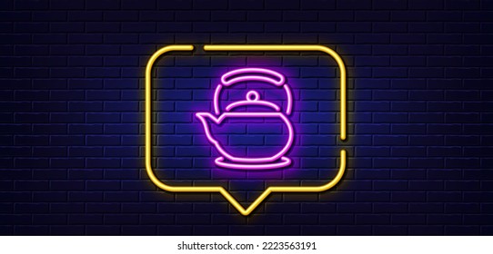 Neon light speech bubble. Teapot line icon. Hot drink sign. Fresh beverage in kettle symbol. Neon light background. Teapot glow line. Brick wall banner. Vector