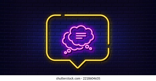Neon light speech bubble. Text message line icon. Chat comment sign. Comic speech bubble symbol. Neon light background. Text message glow line. Brick wall banner. Vector