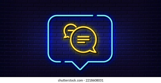 Neon light speech bubble. Text message line icon. Chat comment sign. Speech bubble symbol. Neon light background. Text message glow line. Brick wall banner. Vector