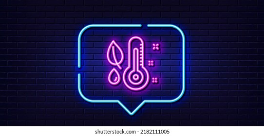Neon light speech bubble. Thermometer line icon. Humidity and leaf sign. Moisture symbol. Neon light background. Thermometer glow line. Brick wall banner. Vector