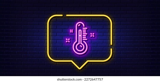 Neon light speech bubble. Thermometer line icon. Temperature diagnostic sign. Fever measuring symbol. Neon light background. Thermometer glow line. Brick wall banner. Vector