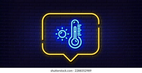 Neon light speech bubble. Thermometer line icon. Weather temperature sign. Fever measuring symbol. Neon light background. Weather thermometer glow line. Brick wall banner. Vector