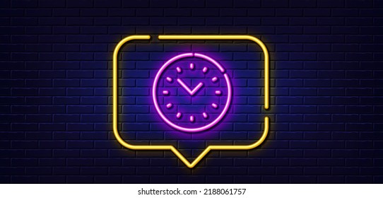 Neon light speech bubble. Time management line icon. Clock sign. Watch symbol. Neon light background. Time management glow line. Brick wall banner. Vector