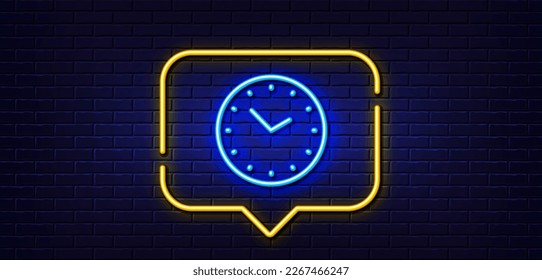 Neon light speech bubble. Time management line icon. Clock sign. Watch symbol. Neon light background. Time glow line. Brick wall banner. Vector