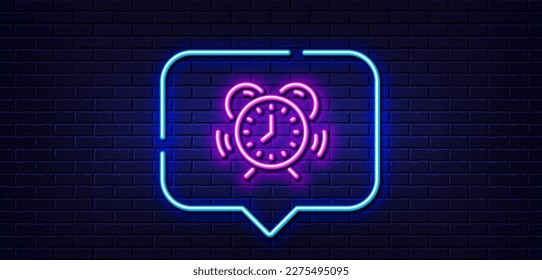 Neon light speech bubble. Time management line icon. Alarm clock sign. Watch symbol. Neon light background. Time management glow line. Brick wall banner. Vector