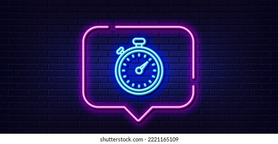 Neon light speech bubble. Timer line icon. Stopwatch symbol. Time management sign. Neon light background. Timer glow line. Brick wall banner. Vector