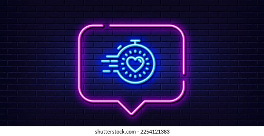 Neon light speech bubble. Timer line icon. Time management sign. Stopwatch with heart symbol. Neon light background. Timer glow line. Brick wall banner. Vector