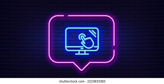Neon light speech bubble. Touch screen line icon. Online quiz test sign. Neon light background. Touch screen glow line. Brick wall banner. Vector