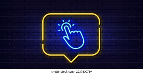 Neon light speech bubble. Touchpoint line icon. Click here sign. Touch technology symbol. Neon light background. Touchpoint glow line. Brick wall banner. Vector