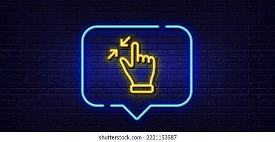 Neon light speech bubble. Touchscreen gesture line icon. Zoom out sign. Action arrows symbol. Neon light background. Touchscreen gesture glow line. Brick wall banner. Vector