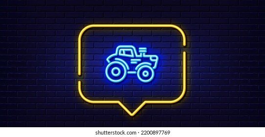 Neon light speech bubble. Tractor transport line icon. Agriculture farm vehicle sign. Neon light background. Tractor glow line. Brick wall banner. Vector