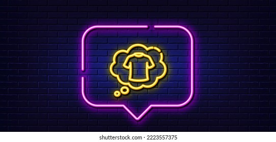 Neon light speech bubble. T-shirt line icon. Laundry shirt sign. Clothing speech bubble symbol. Neon light background. T-shirt glow line. Brick wall banner. Vector