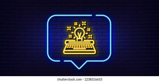 Neon light speech bubble. Typewriter line icon. Creativity sign. Inspiration light bulb symbol. Neon light background. Typewriter glow line. Brick wall banner. Vector