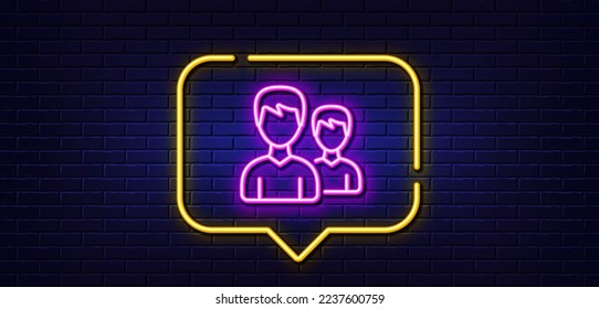 Neon light speech bubble. User line icon. Couple or Group sign. Male Person silhouette symbol. Neon light background. Couple glow line. Brick wall banner. Vector