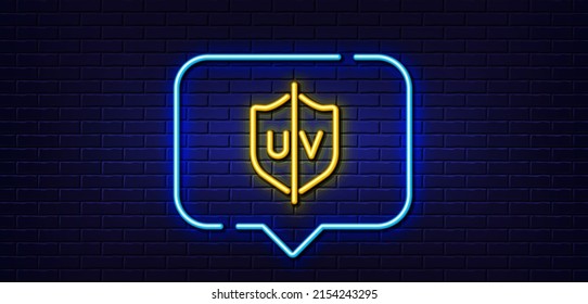 Neon Light Speech Bubble. UV Protection Line Icon. Skin Care Sign. Healthy Body Symbol. Neon Light Background. UV Protection Glow Line. Brick Wall Banner. Vector