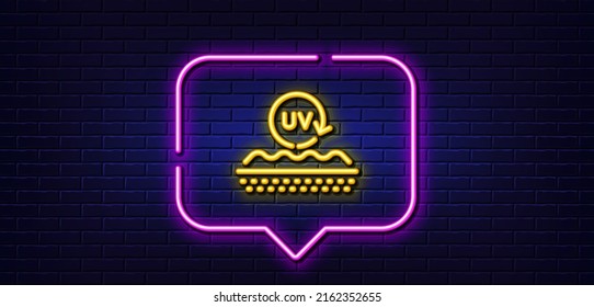 Neon Light Speech Bubble. Uv Protection Cream Line Icon. Skin Care Sign. Cosmetic Lotion Symbol. Neon Light Background. Uv Protection Glow Line. Brick Wall Banner. Vector