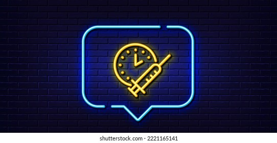 Neon light speech bubble. Vaccination schedule line icon. Vaccine syringe sign. Second injection time symbol. Neon light background. Vaccination schedule glow line. Brick wall banner. Vector