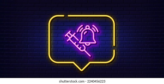 Neon light speech bubble. Vaccine announcement line icon. Vaccination syringe with bell sign. Jab symbol. Neon light background. Vaccine announcement glow line. Brick wall banner. Vector