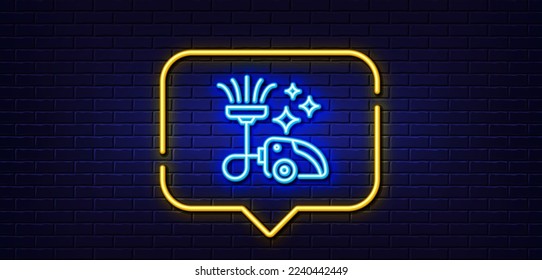 Neon light speech bubble. Vacuum cleaner line icon. Cleaning service symbol. Hoover sign. Neon light background. Vacuum cleaner glow line. Brick wall banner. Vector