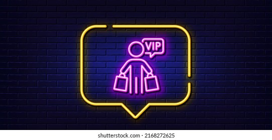 Neon light speech bubble. Vip shopping bags line icon. Very important person sign. Member club privilege symbol. Neon light background. Vip shopping glow line. Brick wall banner. Vector