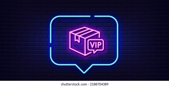 Neon light speech bubble. Vip parcel line icon. Very important person sign. Member club delivery symbol. Neon light background. Vip parcel glow line. Brick wall banner. Vector